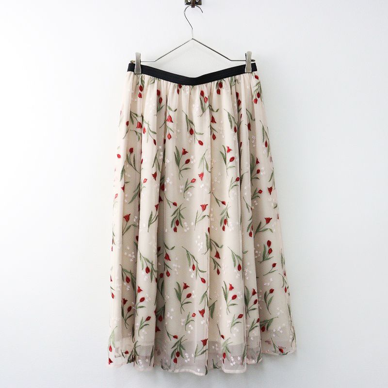 定価2.4万 大きいサイズ ローズティアラ Rose Tiara チューリップ刺繍スカート 42 ベージュ┃フラワー 花柄 2400014604337