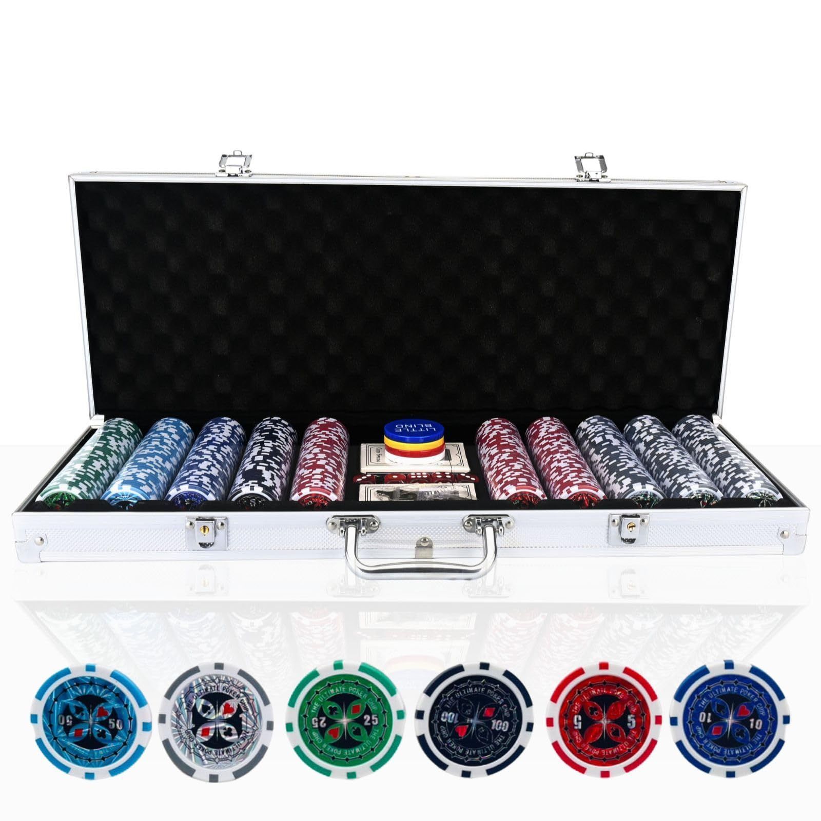 Color:数字あり-アルミケース付-500枚 カジノセット ポーカーセット 【本格的なポーカー体験を貴方に】 カジノチップ チップ ポーカーチップ  麻雀チップ カジノ ポーカー 麻雀 (ゲームチップ) 5色 100枚 200枚 300枚 500枚 (数字あり