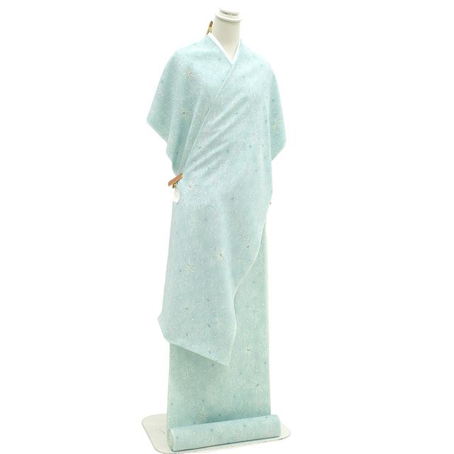 新古品 東レ シルック 小紋 着物 着尺 反物 薄白群色 水色 花 洗える着物 おしゃれ 着物 反物 カジュアル 東レシルック 春 秋 冬 未仕立て みやがわ sb15030