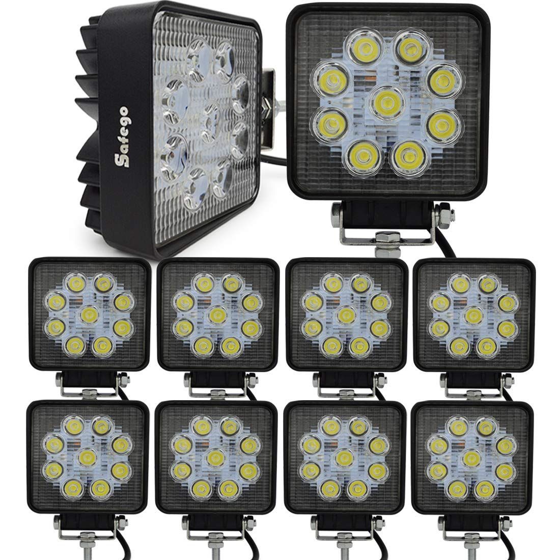 新着商品 ワークライト 27W LED作業灯 Safego ワークライト 汎用 10V-30V対応 広角タイプ 長寿命 フラッドライト 4インチ 角型 9連LED 車外灯 農業機械 白 27WS-FL-10個