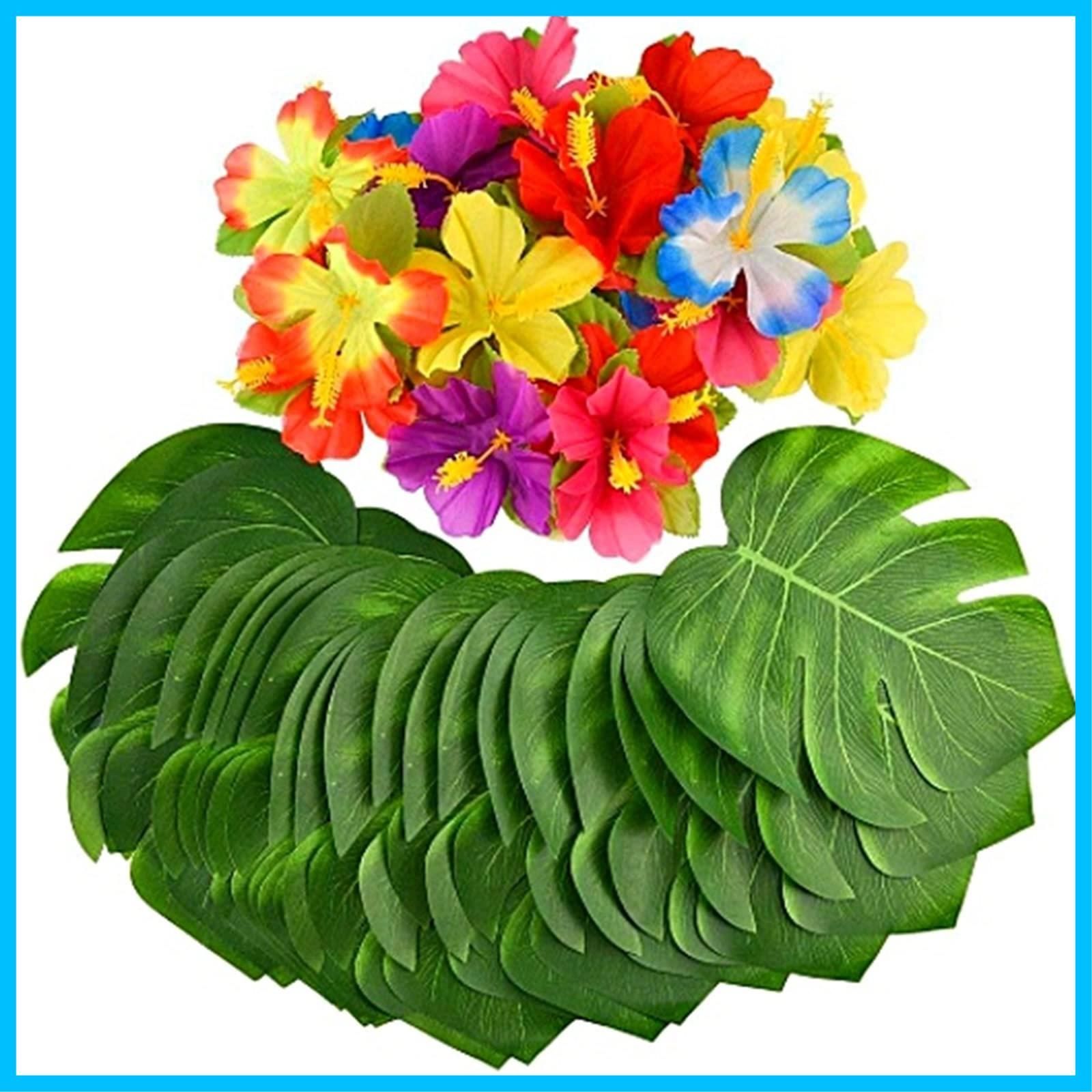 heizi ハイビスカス 造花 24個 モンステラリーフ 30枚セット ハワイ 装飾 パーティー 飾り 南国 バリ 葉 造花 24個 モンステラリーフ 30枚セット