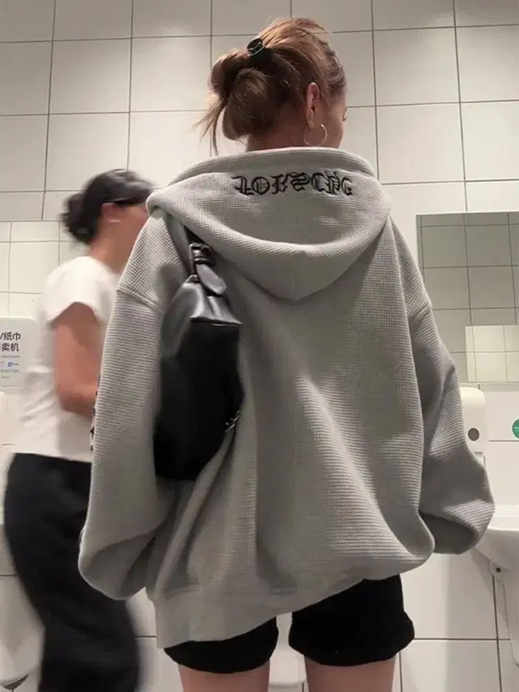 グレー ワッフル フード ジップアップ