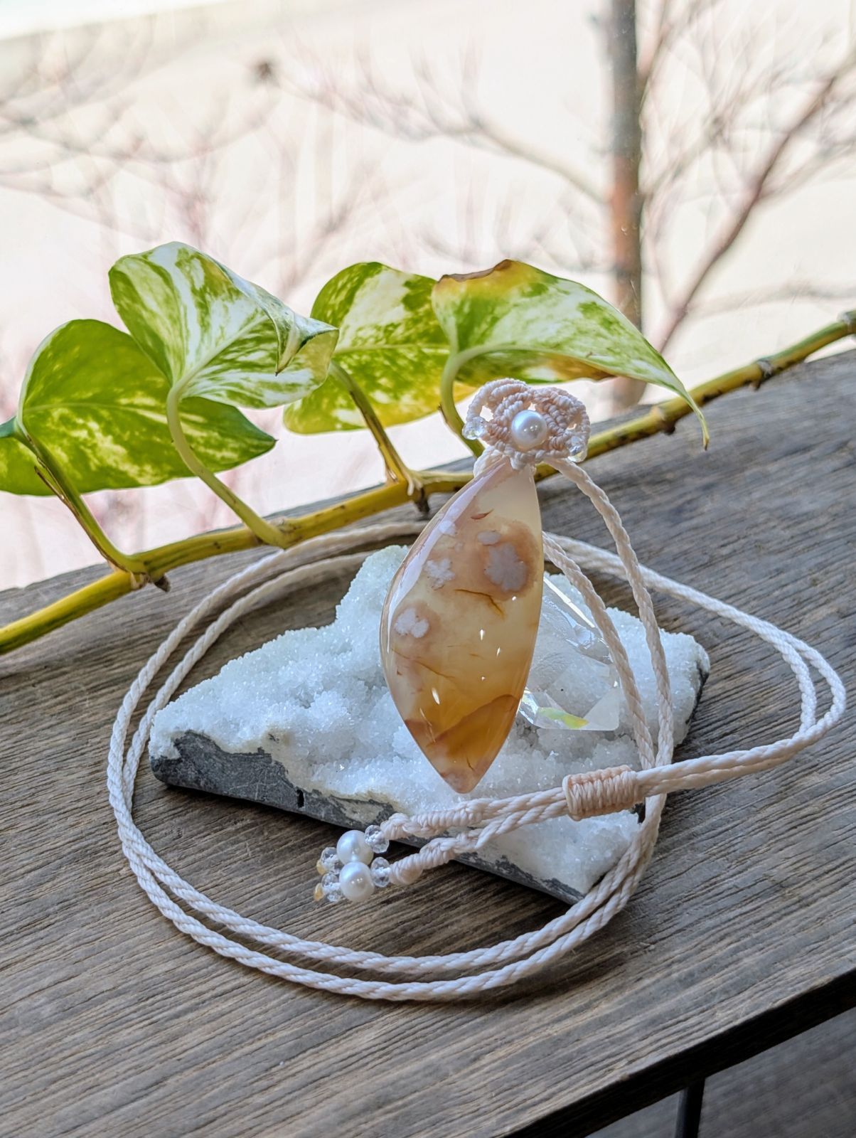 ☆チェリーブロッサムアゲート・桜瑪瑙☆マクラメ編みネックレス C 306