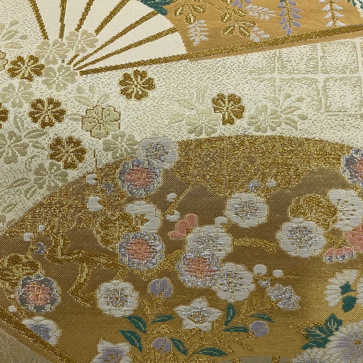 袋帯 秀品 扇 草花 箔 唐織 金色 六通 正絹