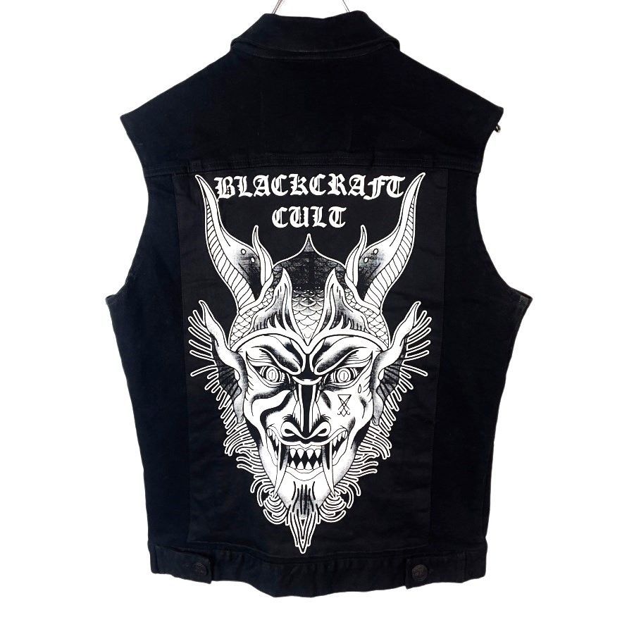 ブラッククラフトBlackcraftデニムベストバックプリント大判プリントデカプリント悪魔デストロイヤー閻魔ダーク黒ブラック白ホワイトvintageヴィンテージ41120