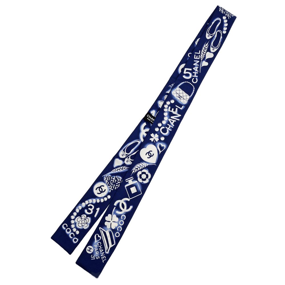 名東 シャネル ヘアバンド ネイビー 紺 ココマーク シルク スカーフ 小物 ファッション