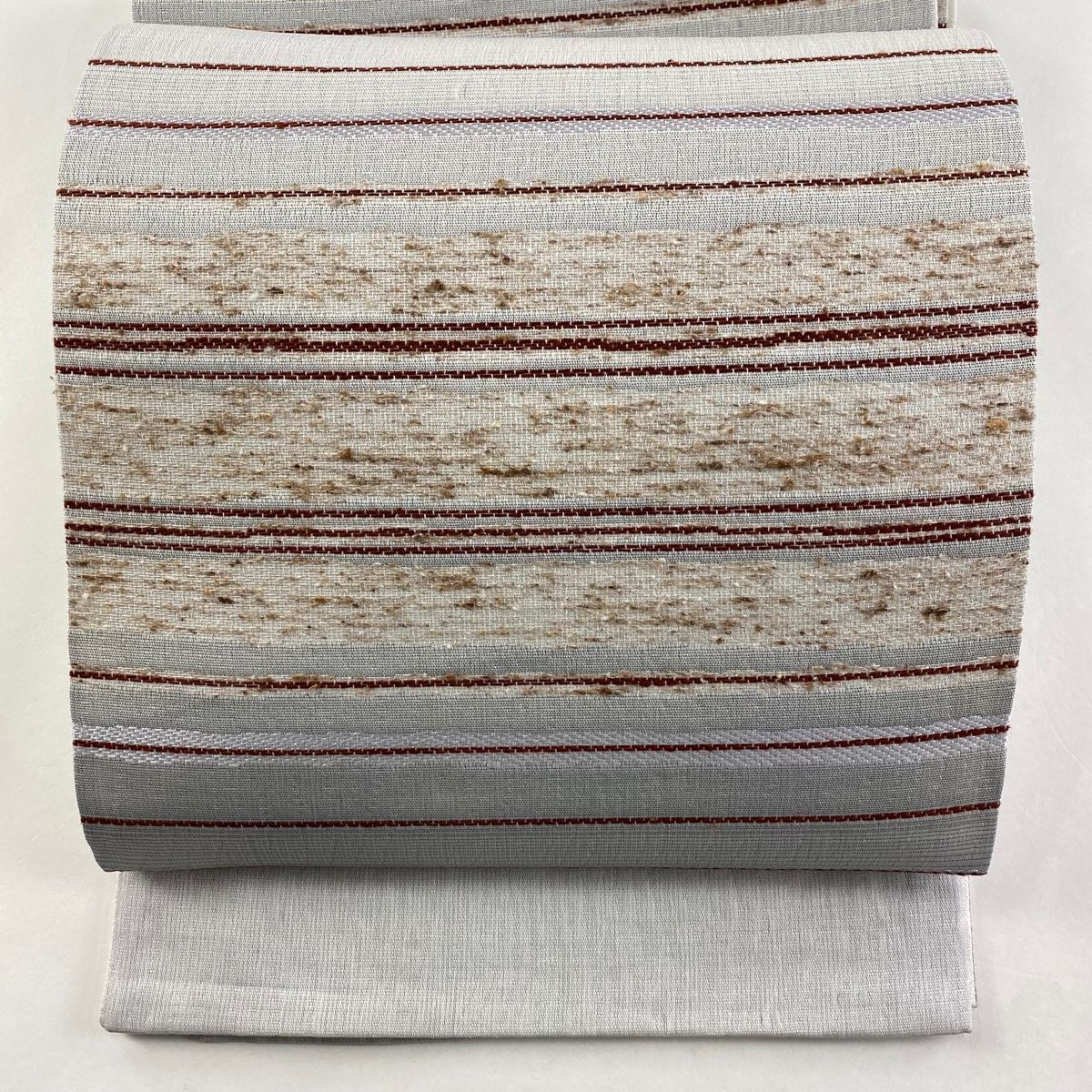 袋帯 証紙 縞 幾何学模様 灰色 六通 正絹