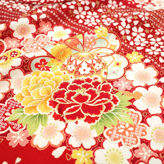 美品 ますいわ屋 枝垂桜と波模様 桜 金彩 赤色 袷 正絹 成人式