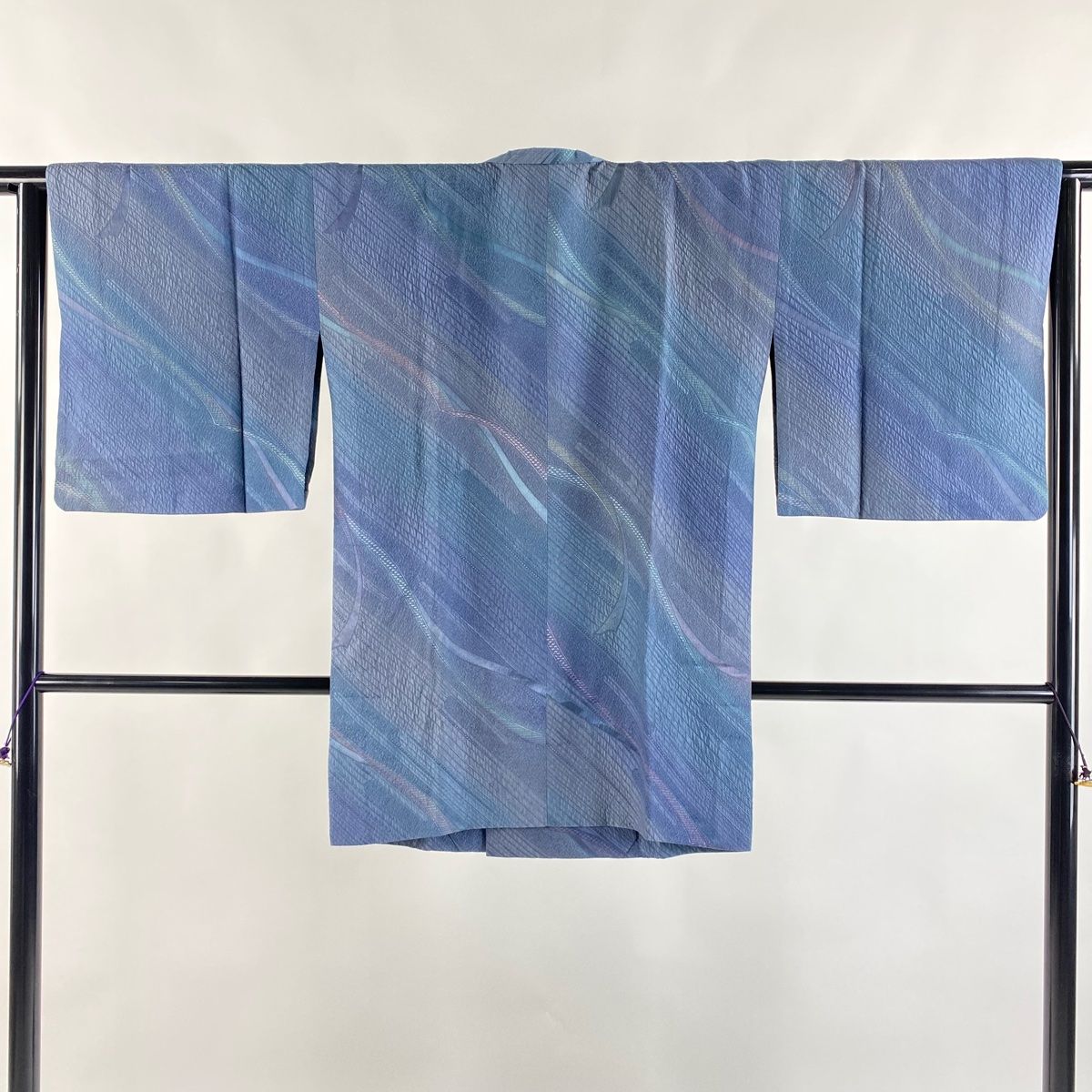 道行 身丈84.5cm 裄丈65cm M 和装コート 角衿 地紋 ぼかし 青灰色 正絹 秀品