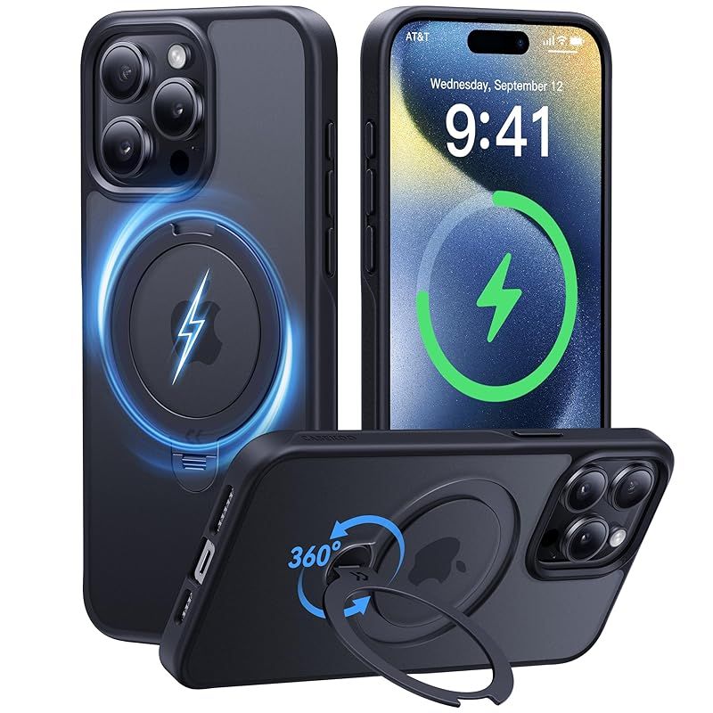 2025最高 定点360度回転 CASEKOO iPhone 15 Pro 用 ケース 超強磁力 MagSafe対応 米軍MIL規格 耐衝撃 高耐久性 横縦両立 角度調整 指紋防止 マット仕上げ 黄変防止 薄型半透明 ストラップホール付き いpho