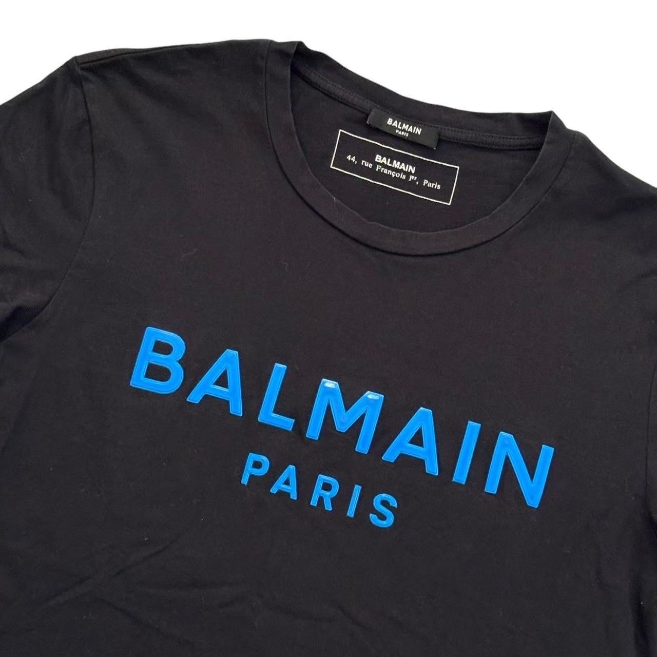 BALMAIN バルマン フロントロゴTシャツ 黒 青 綿 メンズ Mサイズ 