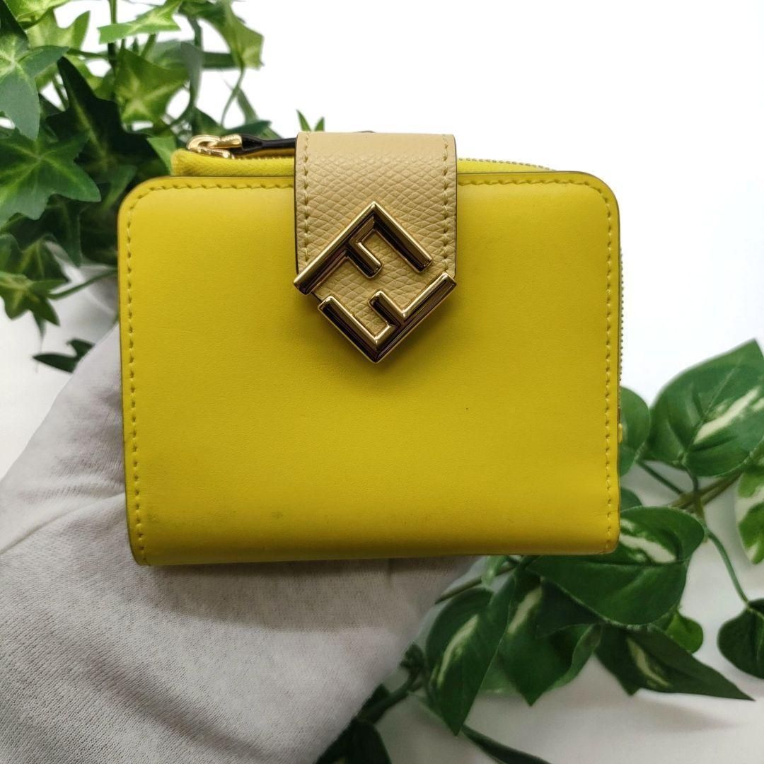 フェンディ 二つ折り財布 FFダイヤモンドウォレット イエロー レザー