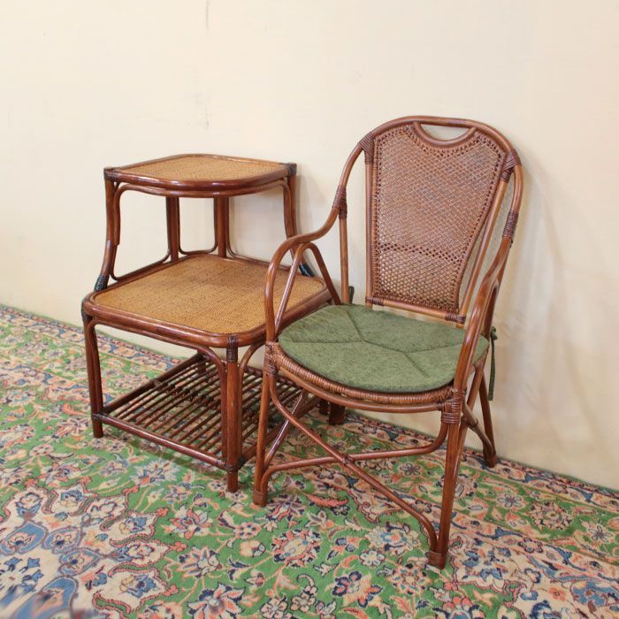 藤ラタン 藤の家具 サイドテーブル付きチェア - 椅子/チェア