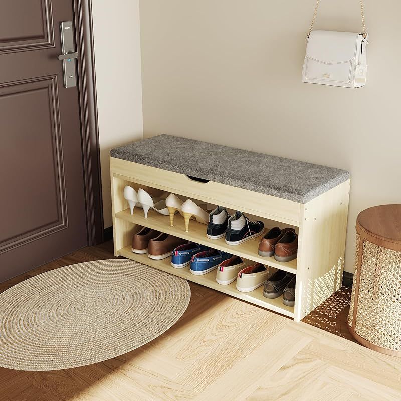 YASICA 玄関椅子 下駄箱 玄関ベンチ 玄関椅子 木質 2 段収納ベンチ パッド入りクッションシート付き パッド付き座面が腰をサポート 下駄箱 履く靴スツール 低い 靴スツールを変える 靴キャビネット 耐荷重150kg 組み立て簡単 玄関 廊 1 MARWIL-DEMENAGEMENTS_CH