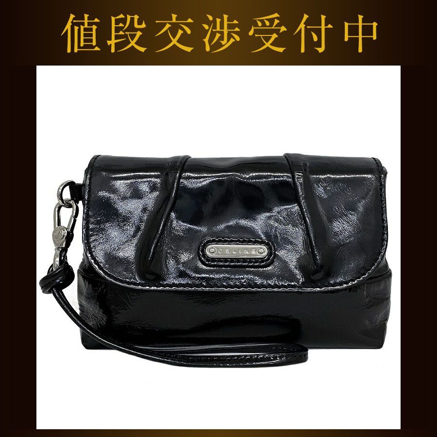 セリーヌ ポーチ ブラック シルバー 美品 エナメル パテント レザー