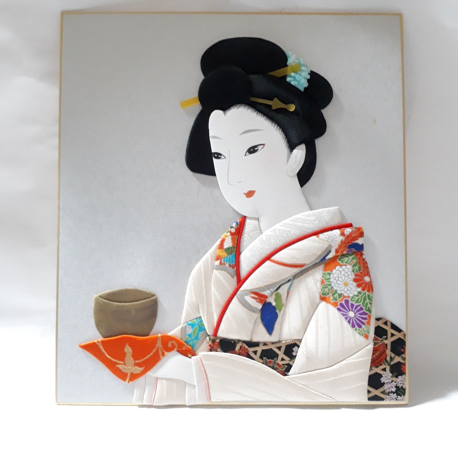 押絵-和紙人形絵画-将棋の着物をきた女性の後ろ姿 押絵 押し絵 キット 冬の金閣寺 和紙 舞妓さん さくらほりきり