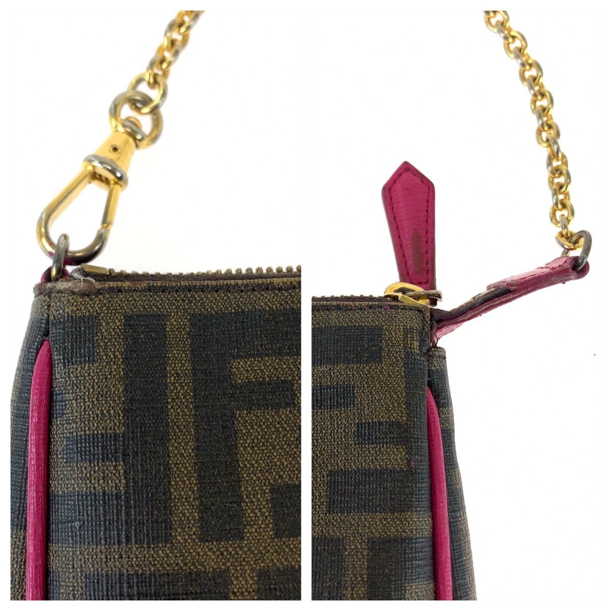美品 FENDI フェンディ ズッカ柄 ブラウン ピンク ゴールド金具