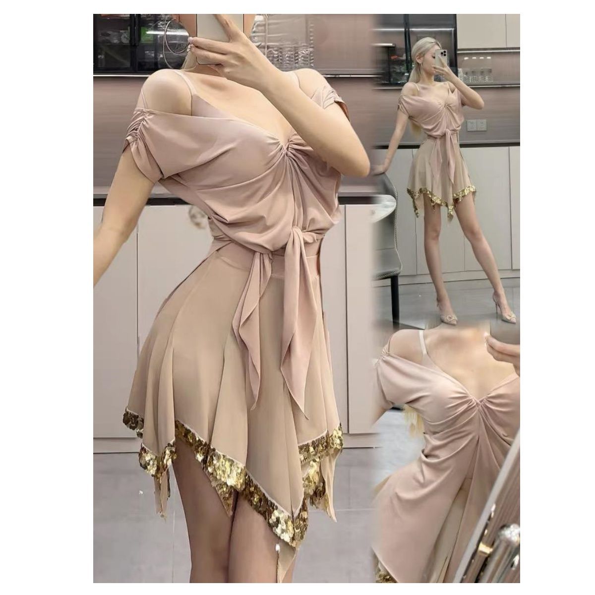 ベリーダンス オリエンタル衣装 ビーズ 社交 上下セット ラテンダンス ハーフスカート オフショルダーレオタード＆スカート セット レディース ピンク