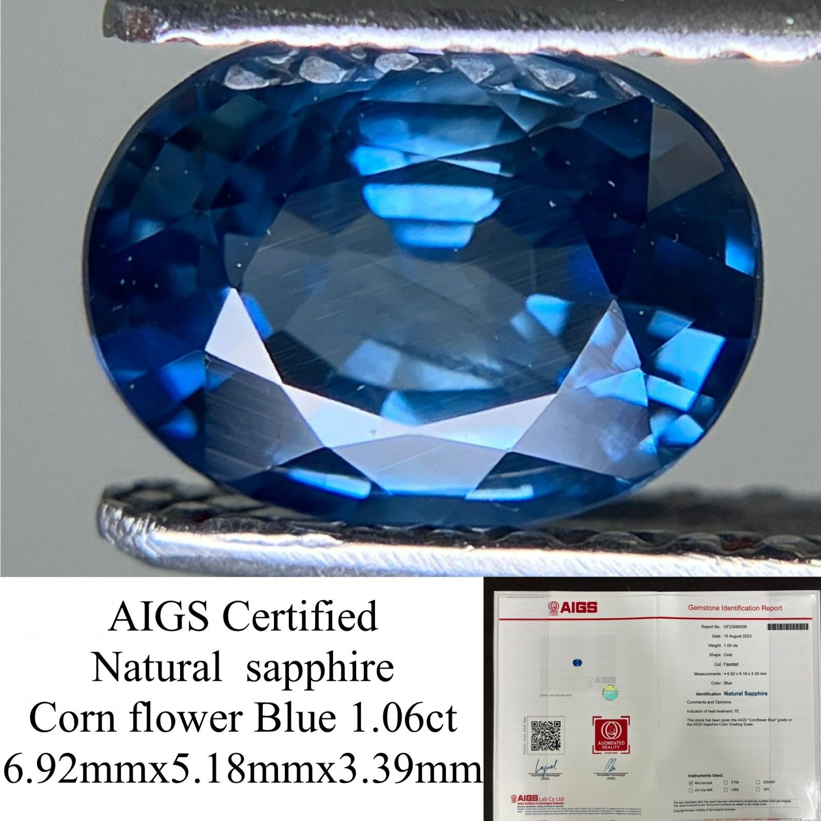 サファイア 1.06ct AIGS鑑別書付き コーンフラワー（CF）6.92×5.18×3.39 ルース（ 裸石 ） 1926YY