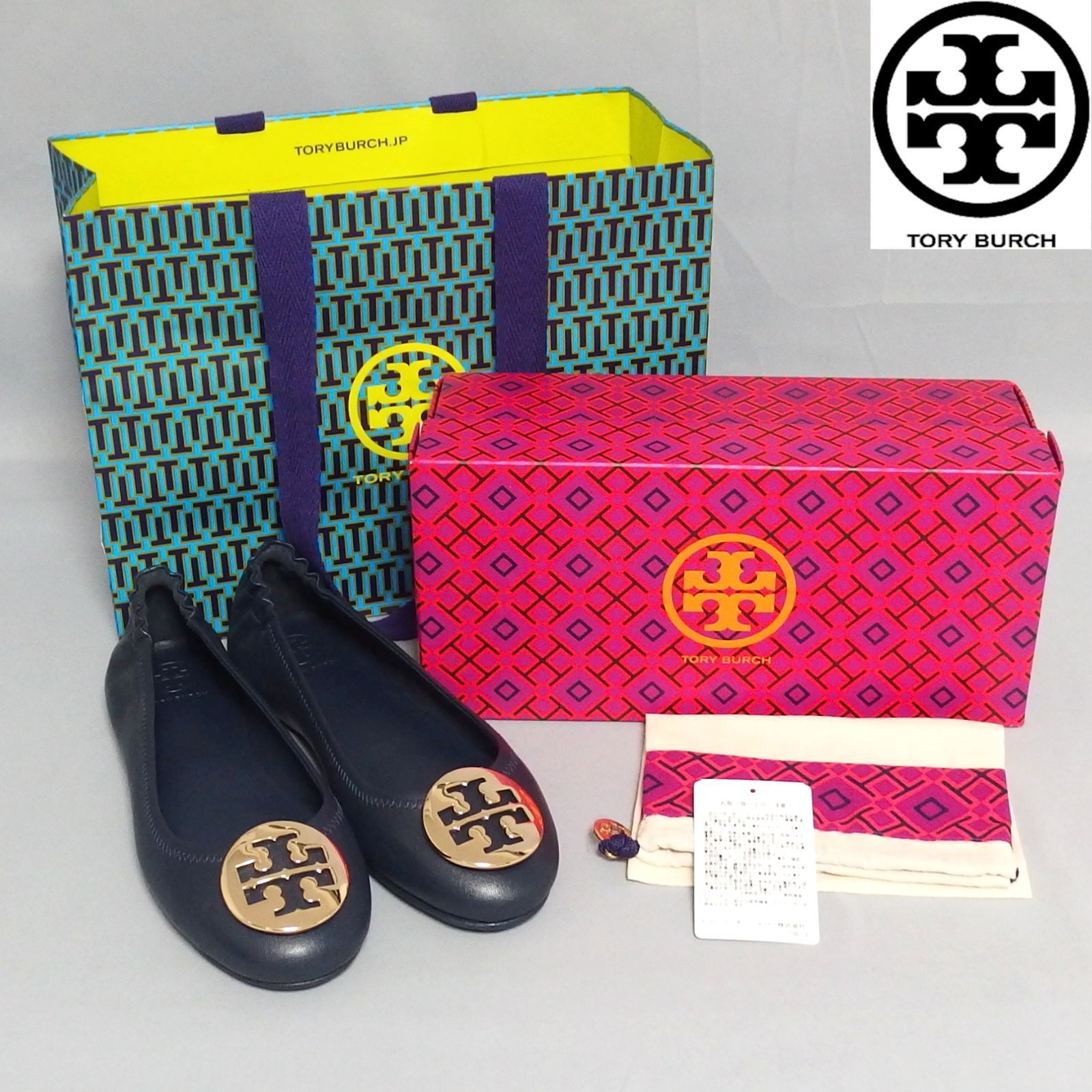 未使用★TORY BURCH MINNIE TRAVEL BALLET WITH METAL LOGO 50393 フラット バレエシューズ レザー ミニー レザー ネイビー トリーバーチ サイズ7.5（約24.5cm）★