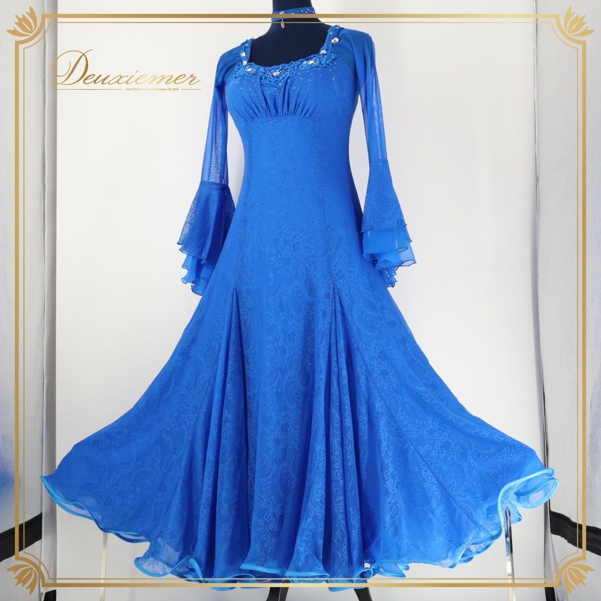 シンプルでエレガントなワンピース　社交ダンス　ブルー　Mサイズ 社交ダンス 衣装 スタンダードドレス スタンダード ドレス ワンピース