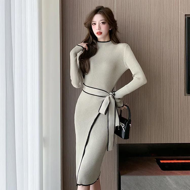 タイトワンピース レディース ニット ワンピース ニットワンピ ラップ風 パイピング バイ 配色 リブ ニット S-L S-L ハイネック 長袖 秋冬 ミモレ丈ワンピース ミディアム丈 koisu605873
