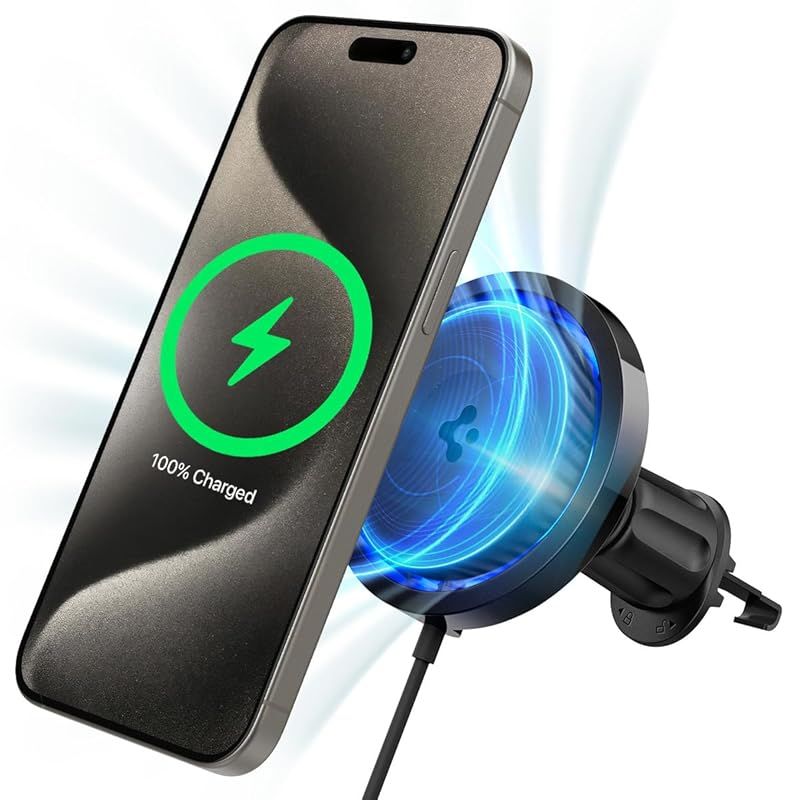 Spigen カーマウント magsafe 充電器 放熱 冷却 騒音防止 エアー ベント フック 用 iPhone 15 14 13 12用 OneTap Pro 3 Cryomax Magfit カーワイヤレス充電器 ITS13WC ブラック