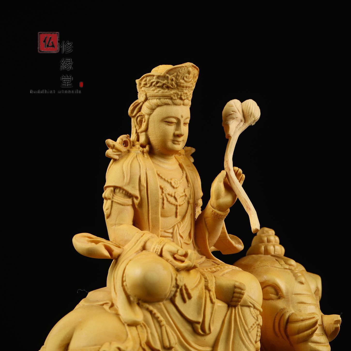 木彫り 仏像 文殊菩薩 普賢菩薩 座像 一式 彫刻 仏教工芸品 柘植材-