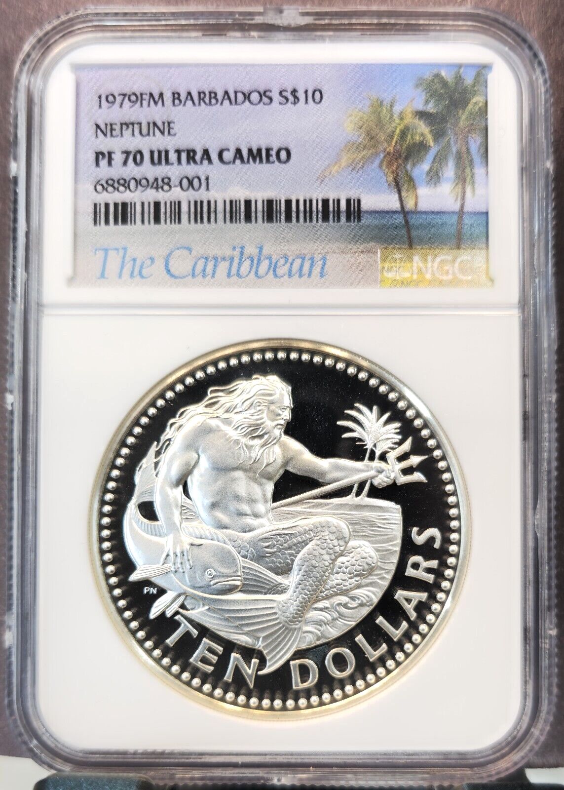 1979 BARBADOS SILVER 10 DOLLARS NEPTUNE NGC PF 70 ULTRA CAMEO PERFECT POP 1