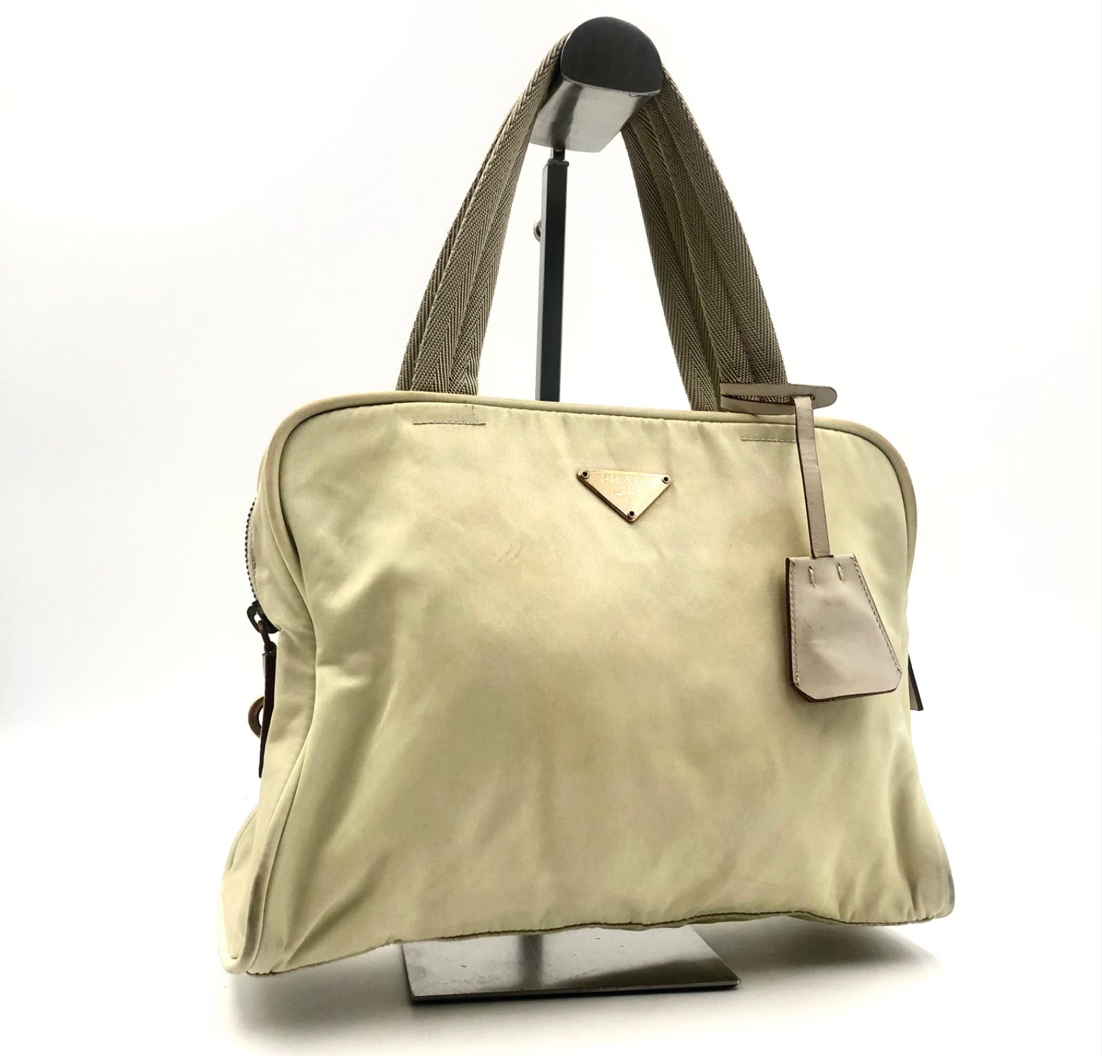 PRADA トートバッグ ナイロン レザー ベージュ 三角ロゴプレート PRADA 
