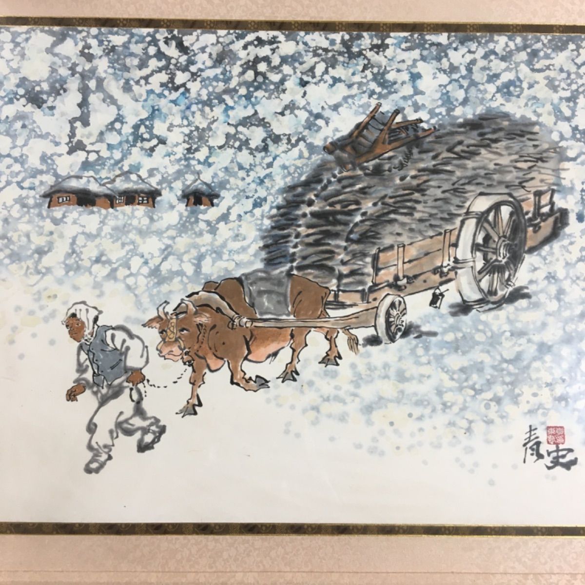 日本画 水墨画 牛車を引いた人 - メルカリ