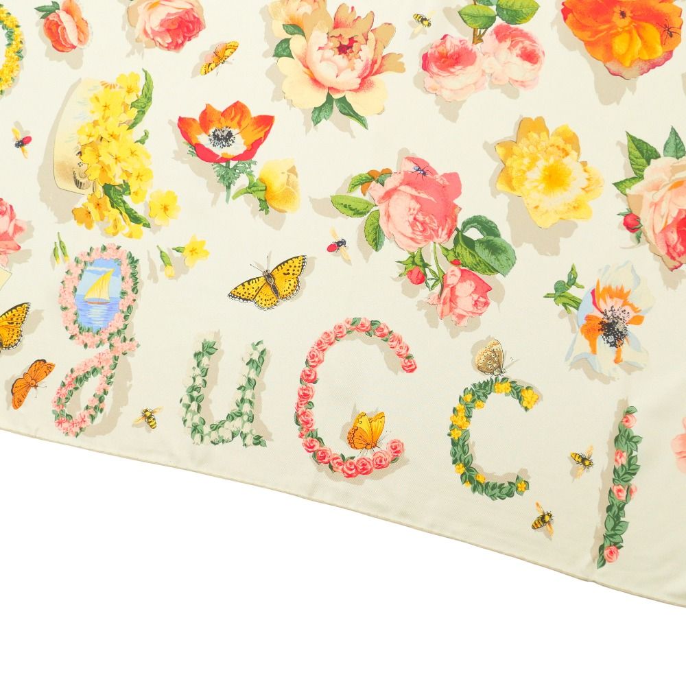 □美品□GUCCI グッチ スカーフ 総シルク 花 昆虫 総柄 バンダナ