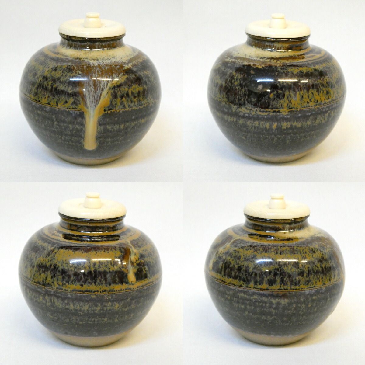 美品　茶道具　高取焼　高取喜恵　文琳茶入　　　茶入れ　眼鏡箱　仕覆二点 高取焼・高取喜恵・茶入・茶入れ・嵯峨桐仕覆・茶道具・No