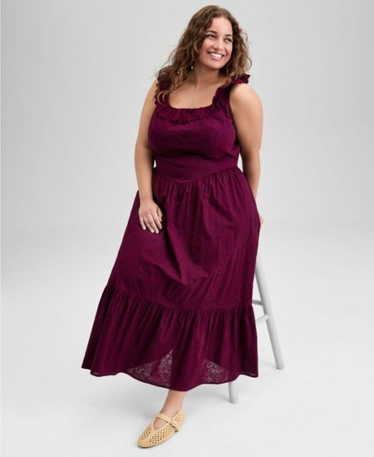 アンドノウディス レディース ワンピース トップス Women s Cotton Ruffle-Trim Scoop-Neck Voile Maxi Dress P XXS-4X Deep Cranberry