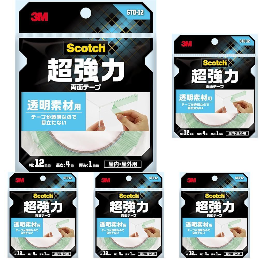 3M 両面テープ 超強力 透明 素材用 幅12mm 長さ4ｍ スコッチ STD-12 セミロング (× 5)