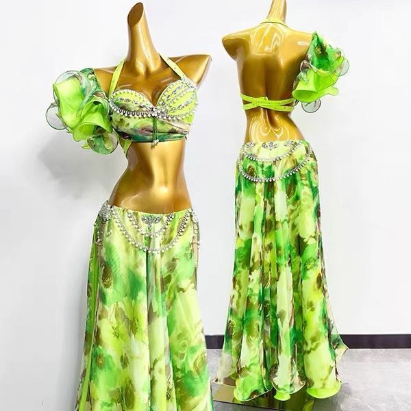 ♥ ベリーダンス衣装 トップスブラ スカート グリーン オーダーメイド M|L