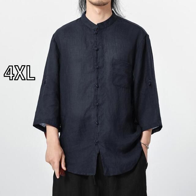 [4XL]アジアンテイスト 衣装 メンズ ファッション 服 用 オシャレ シンプル 大人 かっこいい 大きいサイズ ストリート 紳士服 夏 軽量 通気性 ラミー 七分袖 シャツ ハイエンド ボタン スーツ トップ
