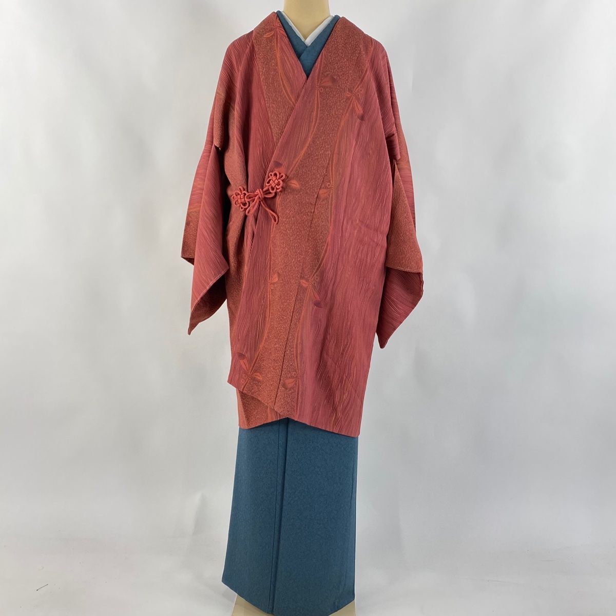 道中着 身丈97cm 裄丈68cm L 和装コート 鈴乃屋 葉と実 よろけ縞 ピンク 正絹 秀品