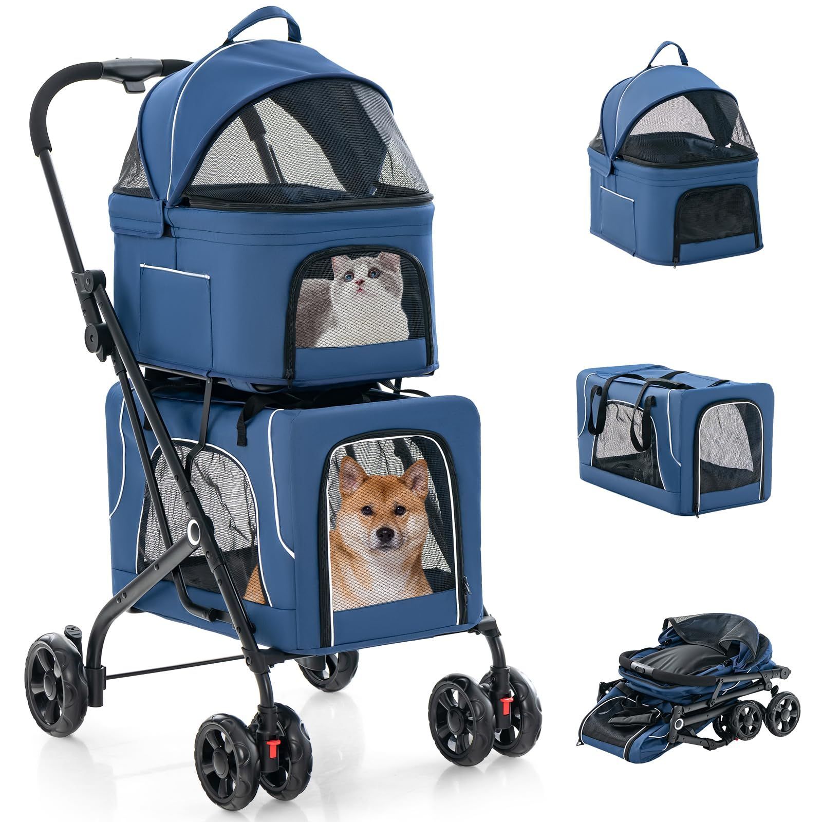 新着商品 ペットカート 分離型 折りたたみ式 3-in-1 耐荷重上段15KG 下段15KG 多頭 犬用 猫用 犬用キャリー 犬 バギー ブレーキ付き マット付き キャノピー付き サイドポケット付き 2段式の上下段セット 小型犬 中型犬 老犬 介護用 犬猫兼