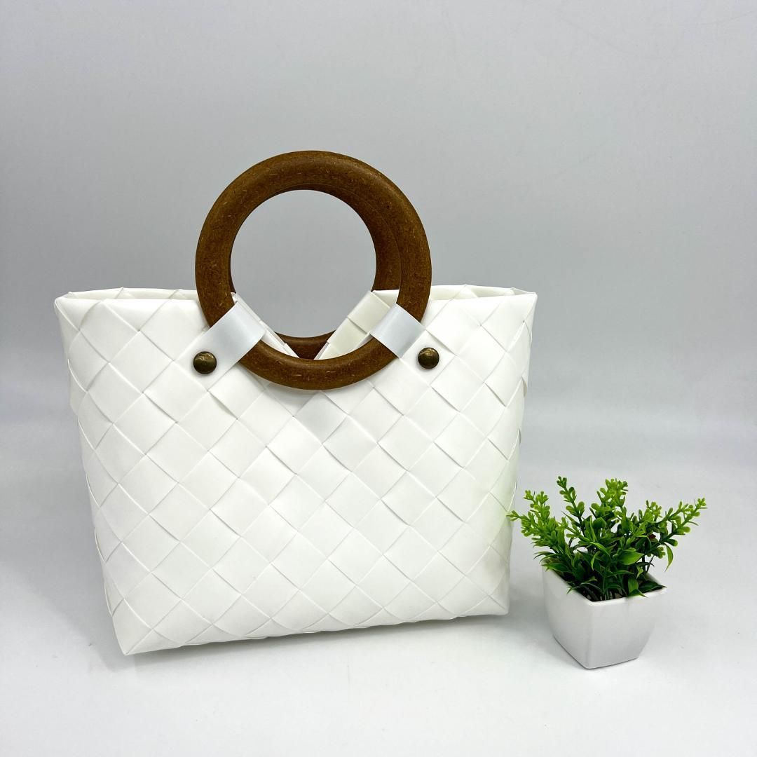 プラカゴ　ハンドメイド プラかごバッグ プラカゴ PPバンド ハンドメイド 花柄 黒 白 ブラック