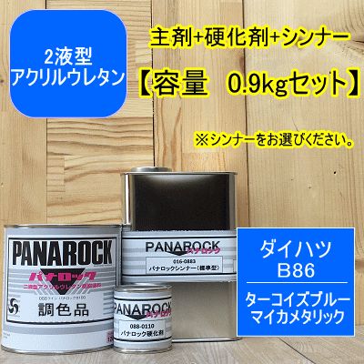 【ダイハツ B86】 ターコイズブルーマイカメタリック【0.9kgセット】（主剤+硬化剤+シンナー） パナロック 2液型ウレタン塗料 自動車 ロックペイント