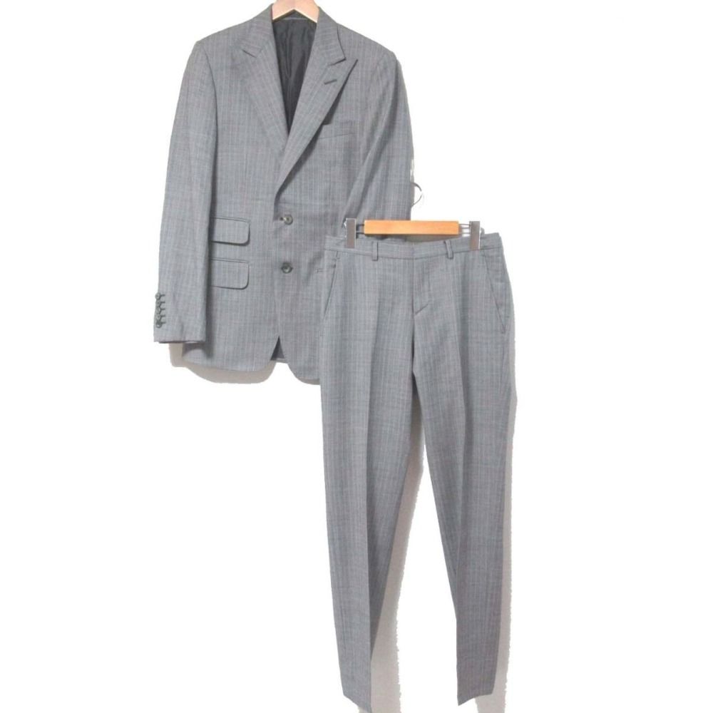 美品 GUCCI グッチ ストライプ柄 シングル スーツ セットアップ テーラードジャケット+スラックスパンツ 44R 灰 グレー メンズ 古着 中古 USED
