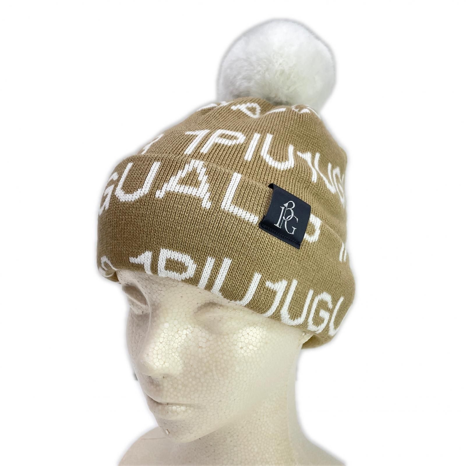 ウノピュウノウグァーレトレ 1piu1uguale3 ニット帽 フリー ベージュ ファーポンポン ロゴ総柄