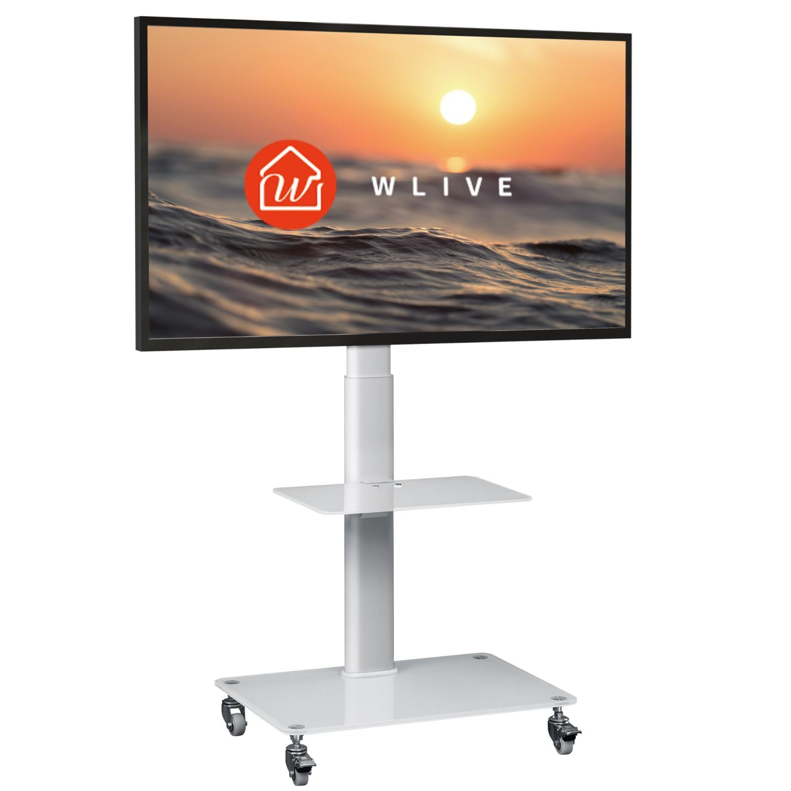 【特価セール】白い ホワイト 病院業務用 ビジネス展示用 学校 家用 テレビ台 棚板付き ラック回転可能 左右首振り 高さ調節 伸縮 省スペース 自立式 キャスター 液晶TVスタンド tvスタンド 縦100-400mm 横100-600mm VESA規格 壁寄