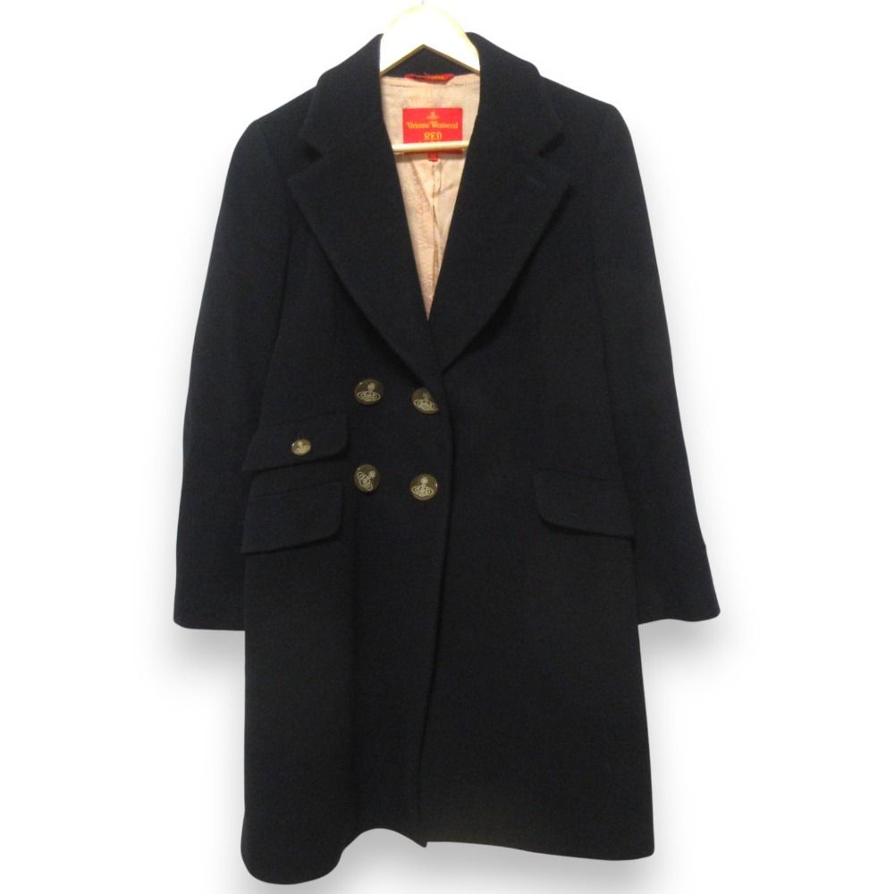 Vivienne Westwood RED LABEL ヴィヴィアンウエストウッド レッドレーベル ウール×アンゴラ混 ダブルブレストコート 40 ブラック レディース 古着