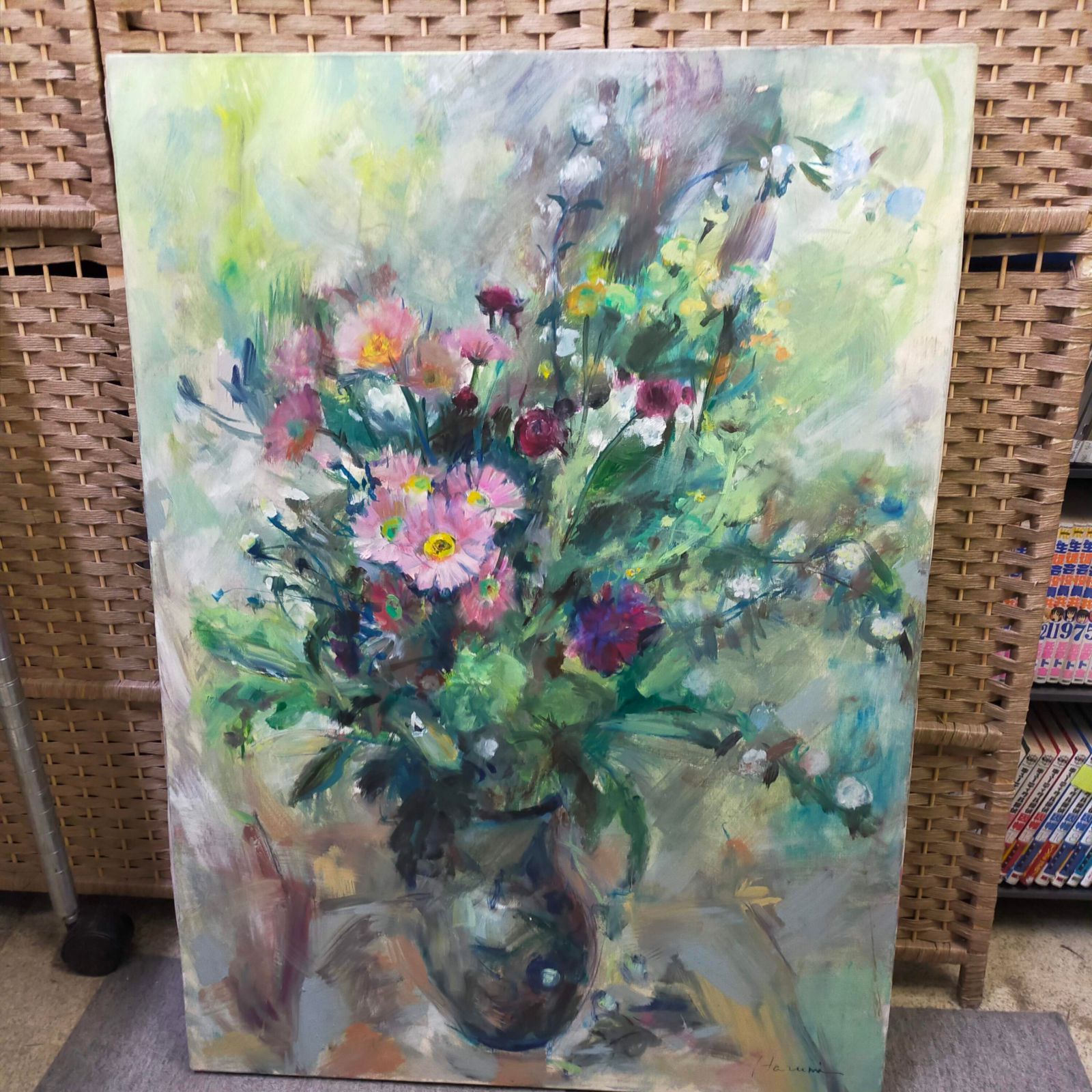 作者不明 油絵 花瓶の花 静物画 サイン入り キャンバス アート