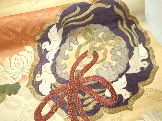 平和屋着物□塩瀬 九寸名古屋帯 刺繍 葡萄唐草文 逸品 ut1364