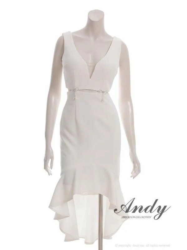 ホワイト OF05 ON3009-PL-2510 ANDY アンディ ウエストカット ノースリーブ フリル テールカット ミディアムドレス キャバドレス