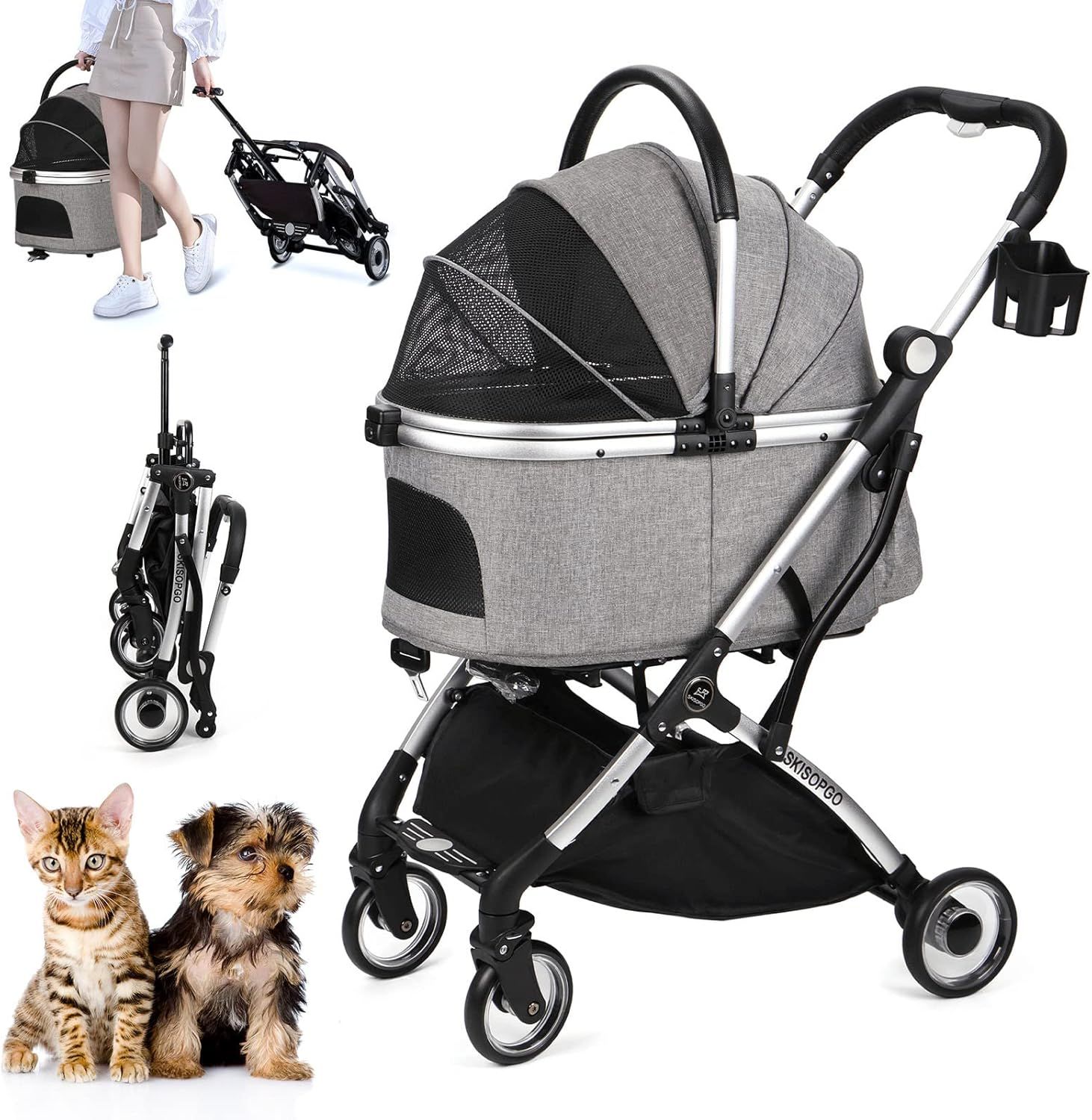 SKISOPGO ペットベビーカー 収納バスケット 犬 猫バギー ワンタッチ 犬用カート 折りたたみ ペットキャリー 飛び出し防止 組立簡単 多機能 軽量 老犬介護用 耐荷重20KG