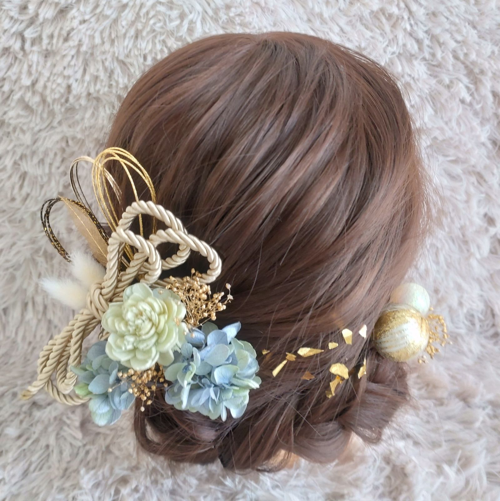 ヘッドパーツ 髪飾り オレンジ×グリーン×パープル 差し色ブルー